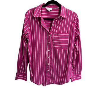 Evereve Vertical Striped Button Up Shirt Size Medium Pink Long Sleeve Women's